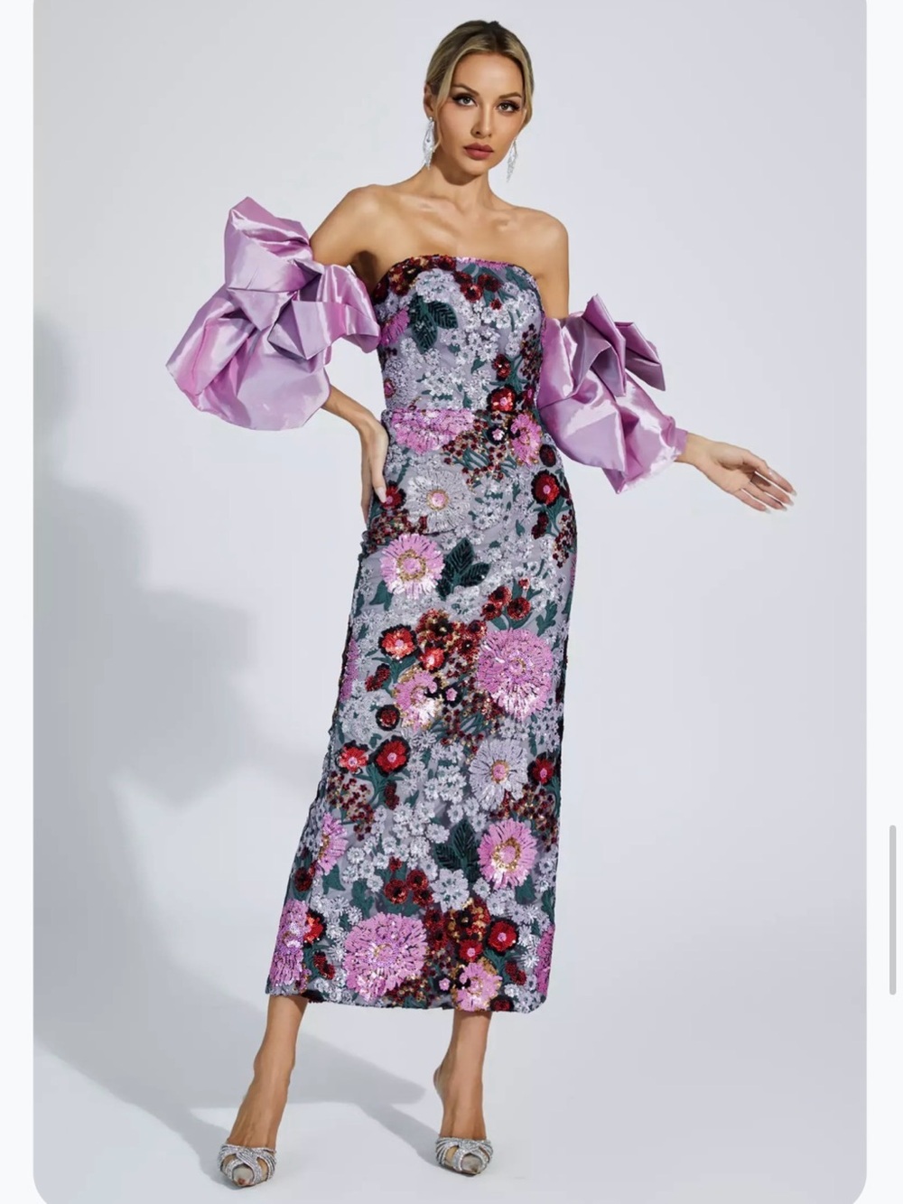 Strapless Lavender Floral Sequin Midi Dress with Statement Sleeves